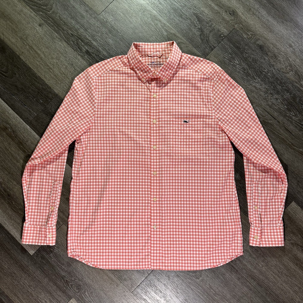 Vineyard Vines OTG Button Shirt Mens L Pink White Gingham On the Go Performance